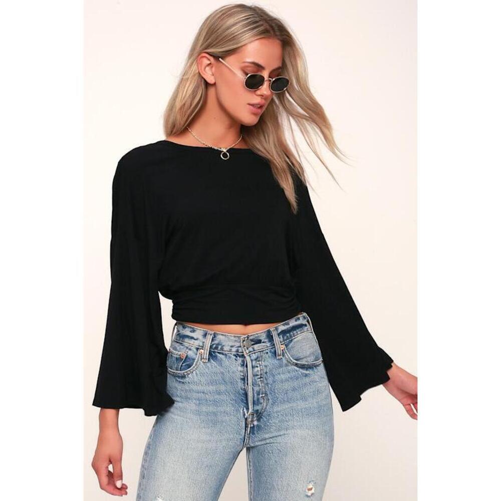 Lulus Turn Of Events Black Reversible Long Sleeve Crop Top - Size L